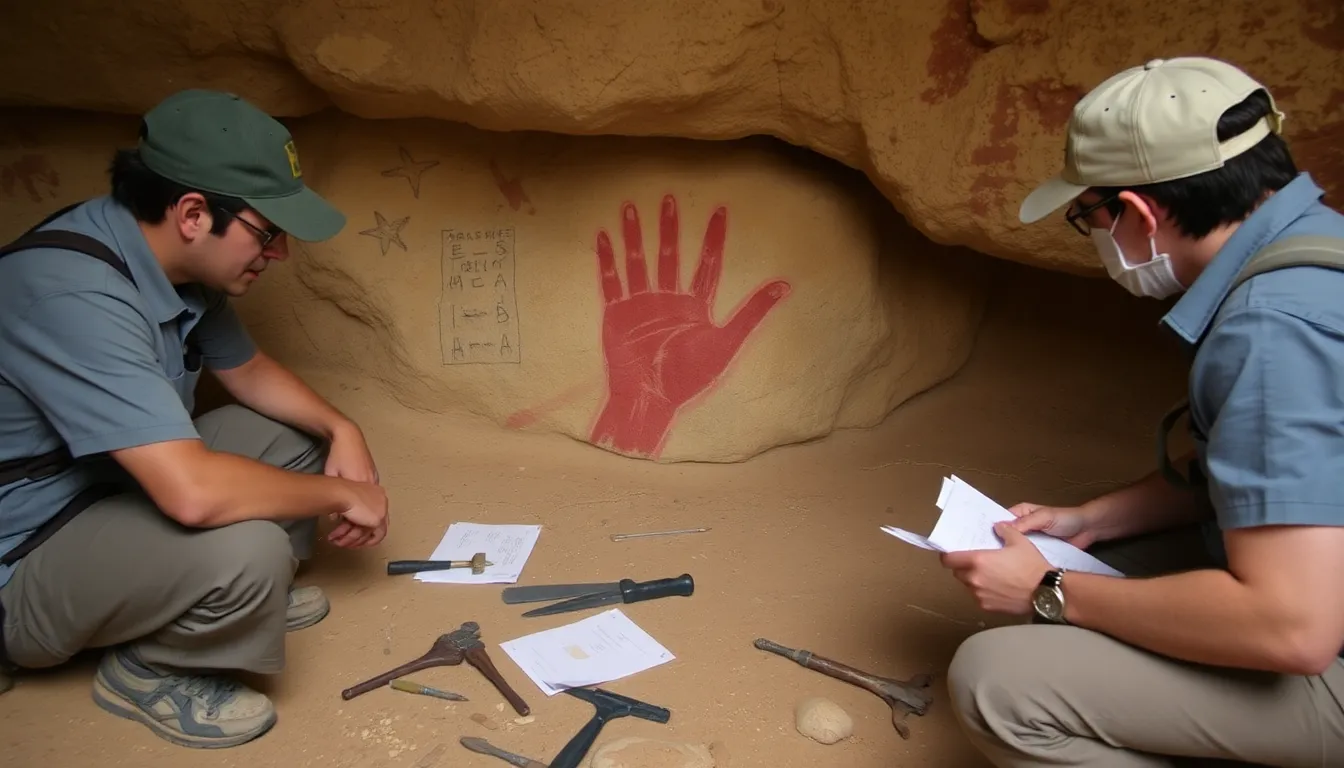 Archaeologists examine the ancient cave painting of a red claw hand in the La Pasiega cave system, highlighting its significance in understanding early human creativity.