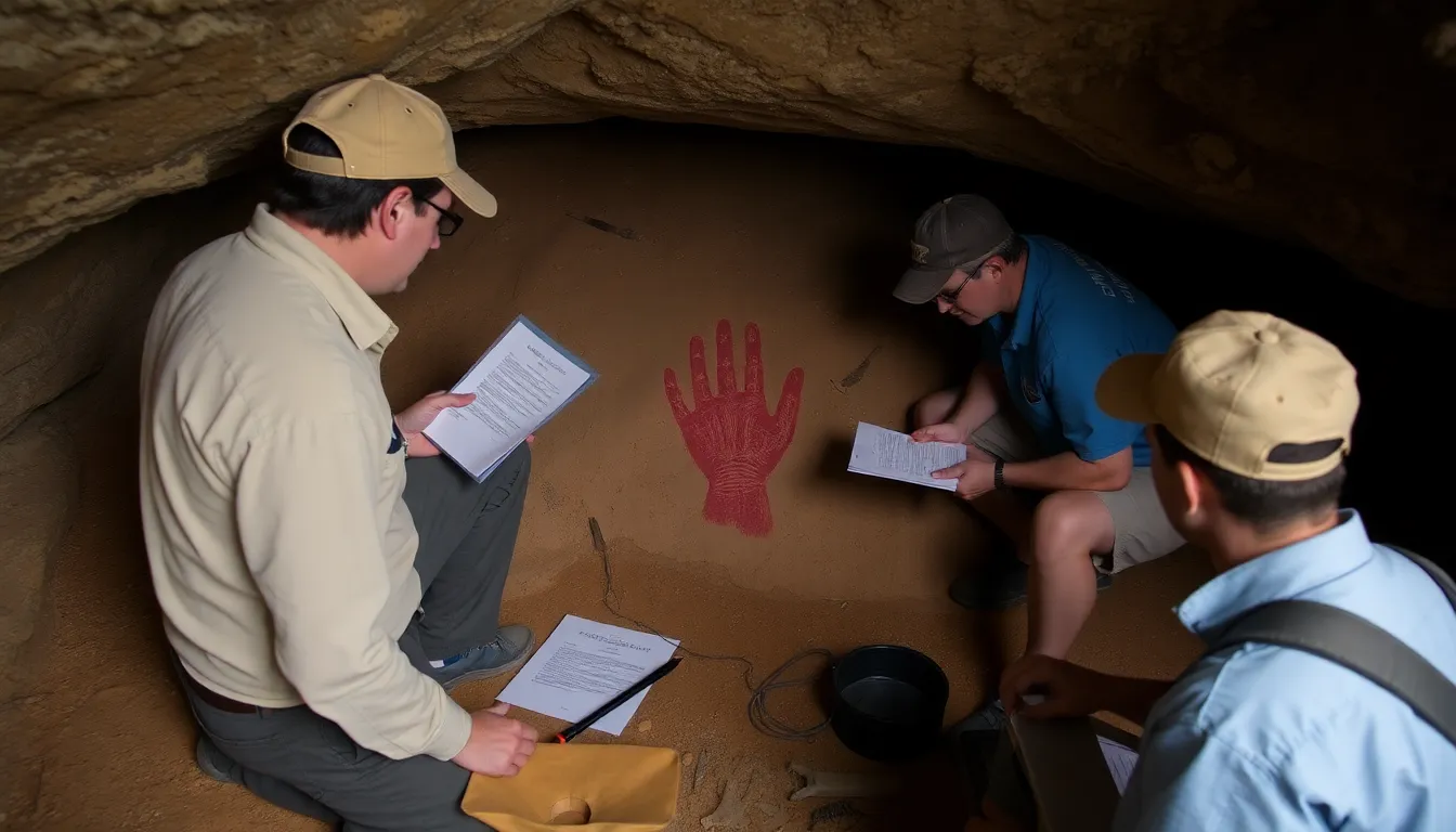 Researchers analyzing the context of the cave painting, discussing its implications for understanding human cognitive and cultural development
