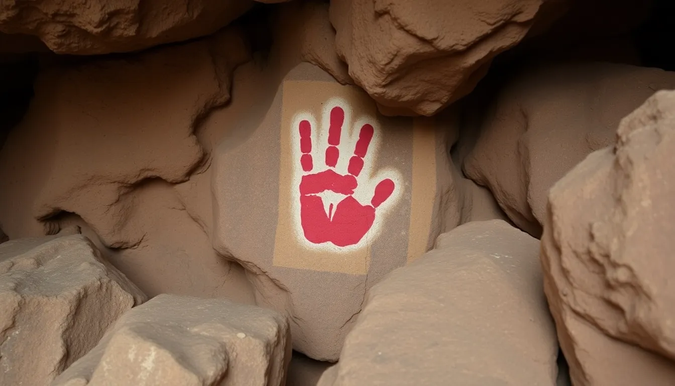 A red clawlike handprint is visible on the cave wall, surrounded by rocky textures, highlighting the discovery of the oldest known cave painting in Indonesia.