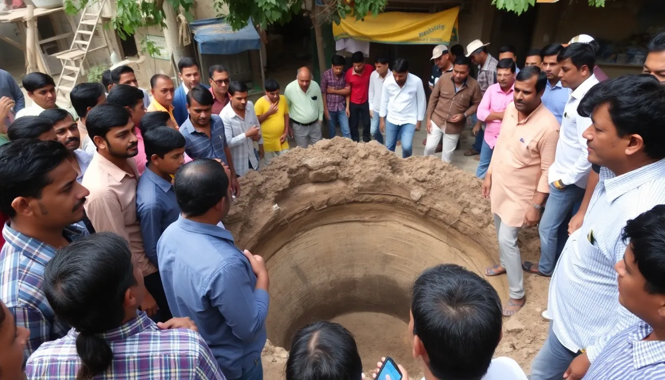 A crowd gathers near an uncovered construction pit in India, where a man tragically drowned after calling for help for hours, sparking public outrage and demands for improved safety measures.