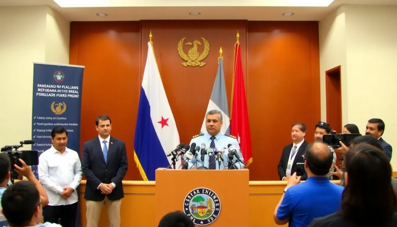 Panamanian officials announce the cancellation of contracts with a Hong Kongbased firm for canal port management during a press conference, highlighting the government's commitment to transparency and accountability.