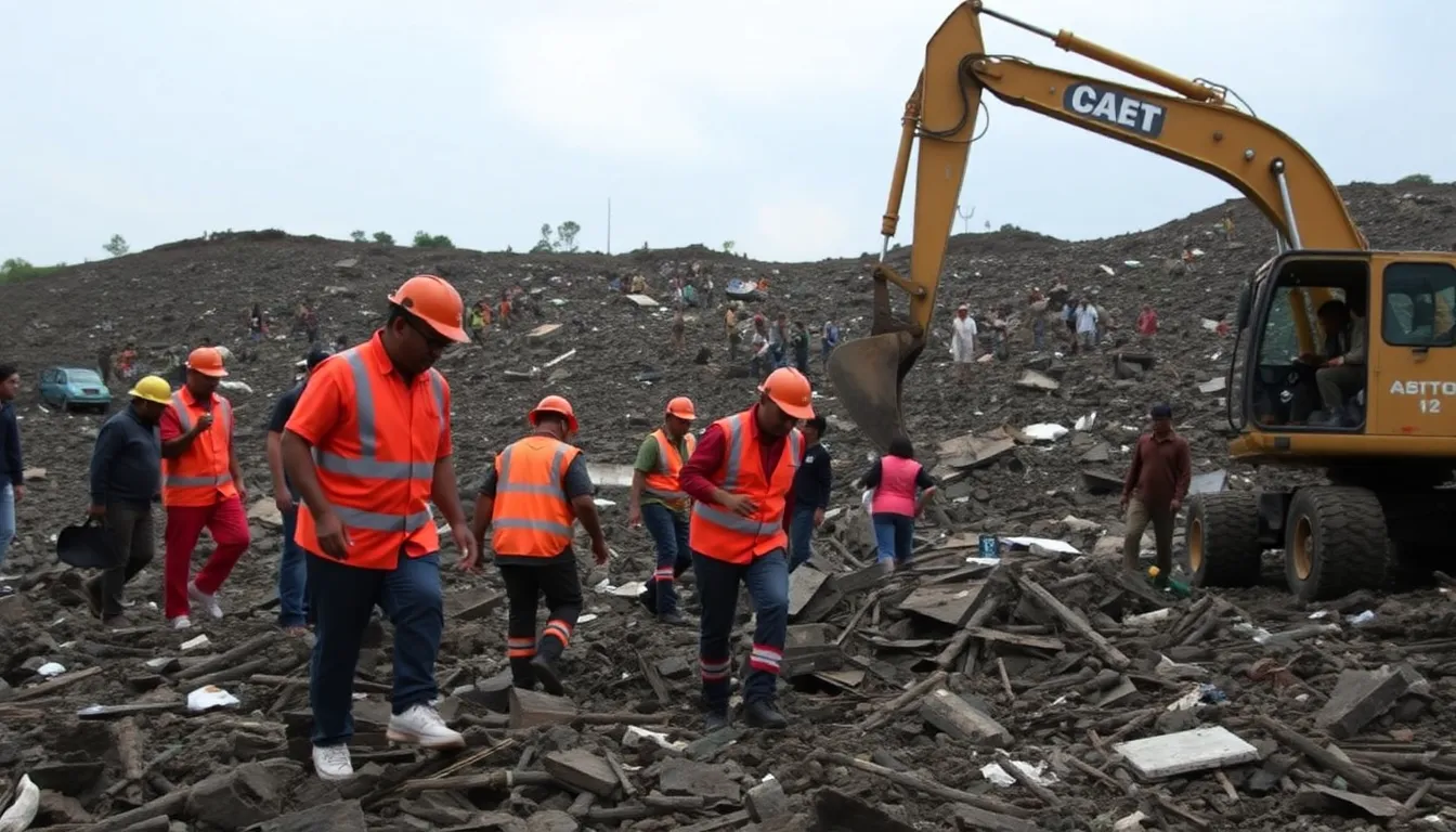 Rescue teams and volunteers sift through debris at a collapsed landfill site in Rizal, Philippines, as they search for dozens of missing individuals following heavy rains that triggered the disaster.