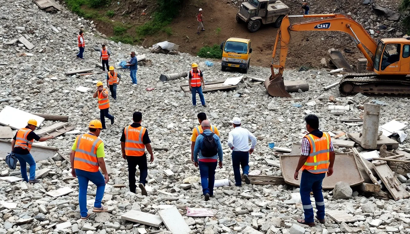 Families of the missing individuals gather anxiously near the disaster site, hoping for news as rescue efforts continue