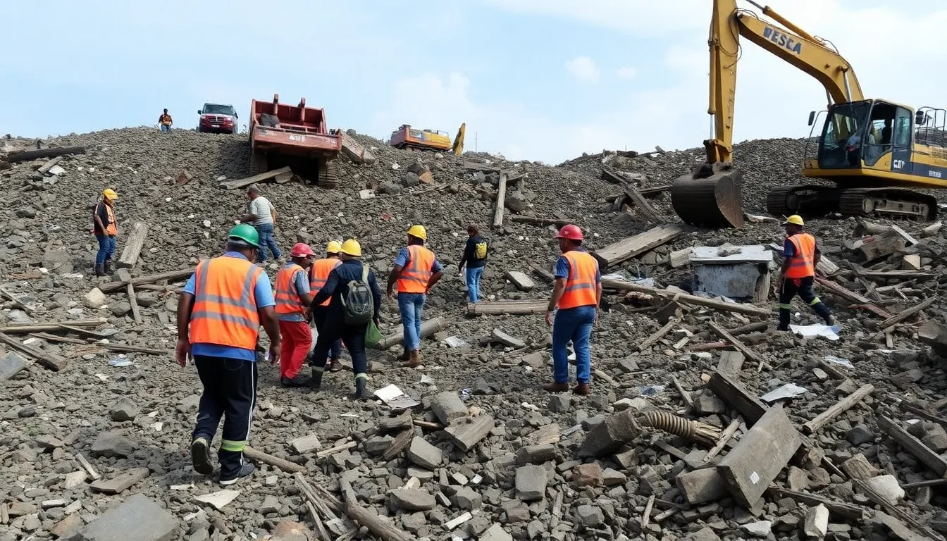 A local community member assists in the search for survivors, highlighting the collective effort to support those affected by the landfill collapse