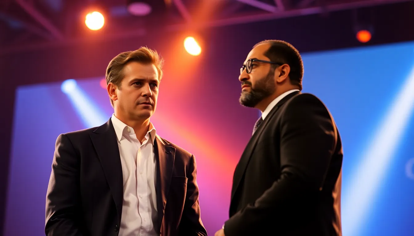 Pierce Brosnan and Prince Naz stand on stage at a charity event, their expressions conveying a mix of anticipation and uncertainty as they prepare to greet each other without the expected embrace.