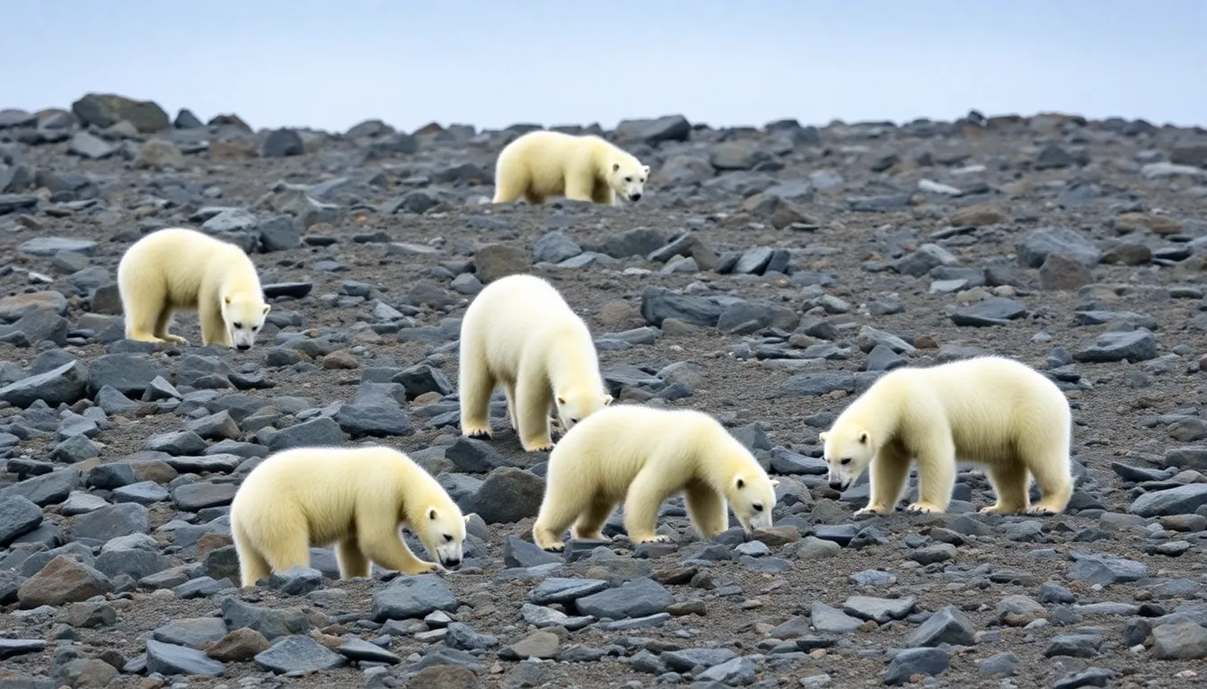 A group of polar bears is seen foraging on land among rocky terrain on the Svalbard archipelago, showcasing their adaptability to changing environmental conditions.