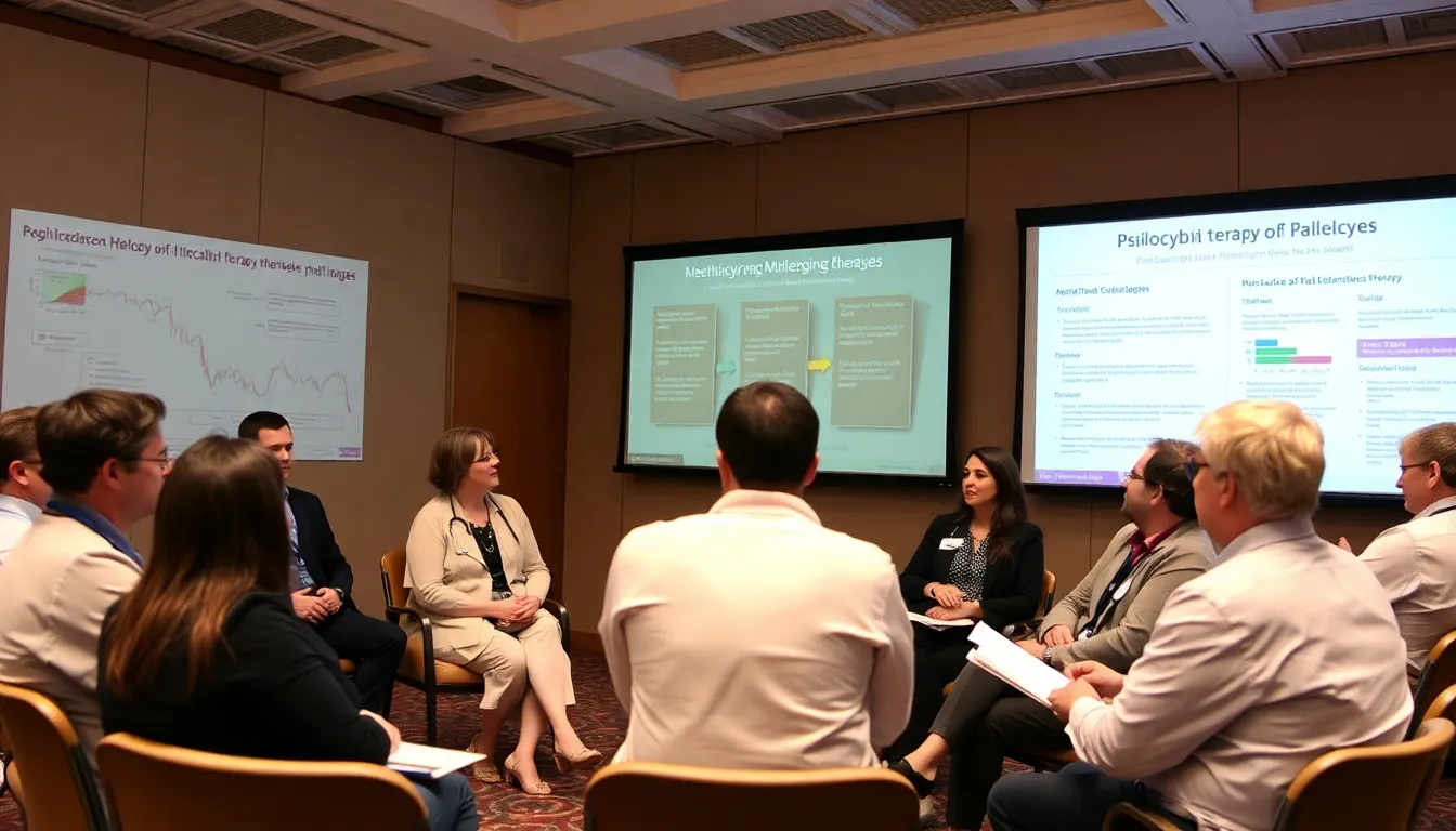 A group of healthcare professionals discusses the challenges of implementing psilocybin therapy at a conference, with charts and data on mental health displayed in the background.