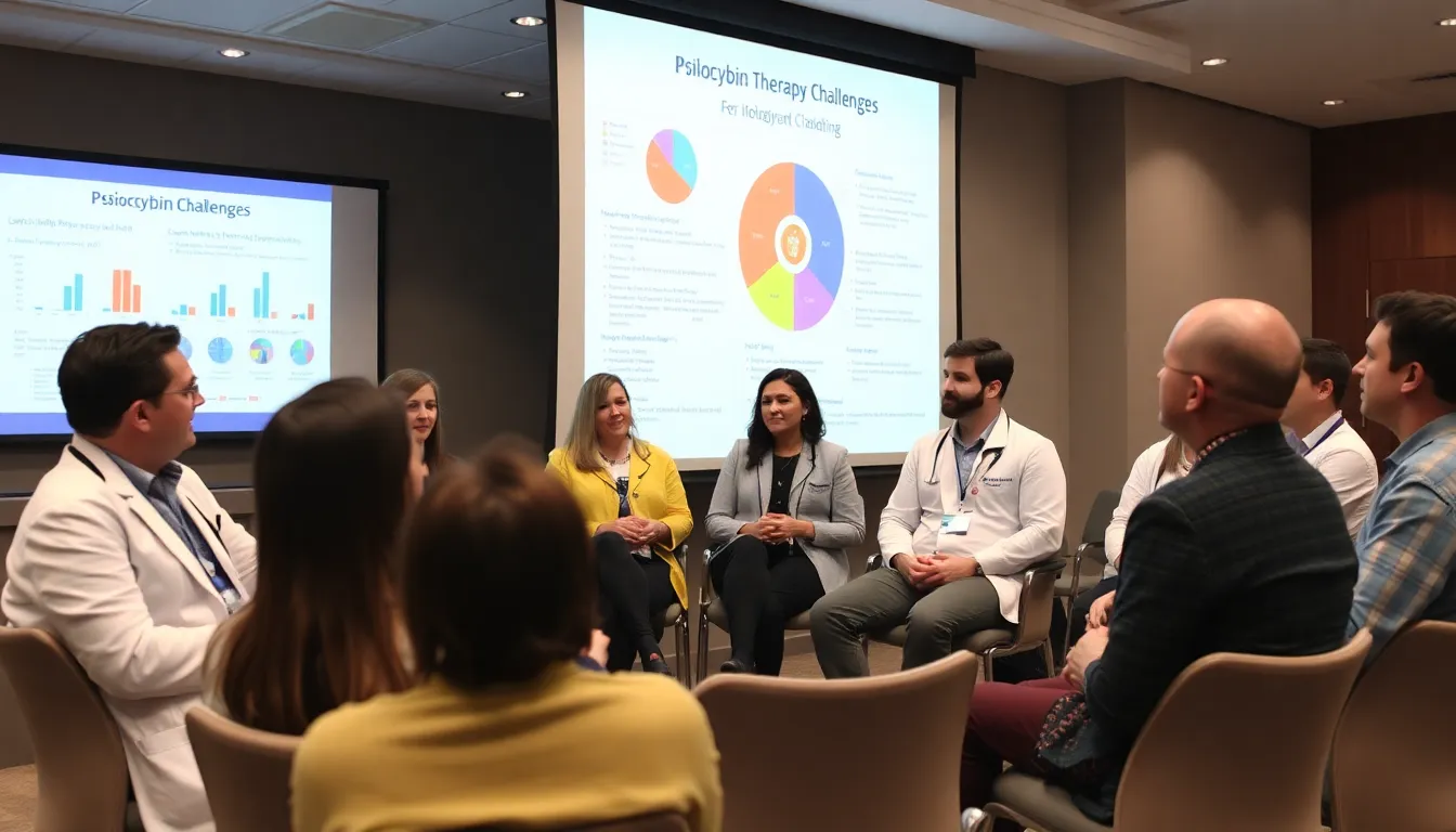 A group of healthcare professionals engaged in a training session, discussing the complexities and protocols surrounding psilocybin therapy and its implementation in mental health care