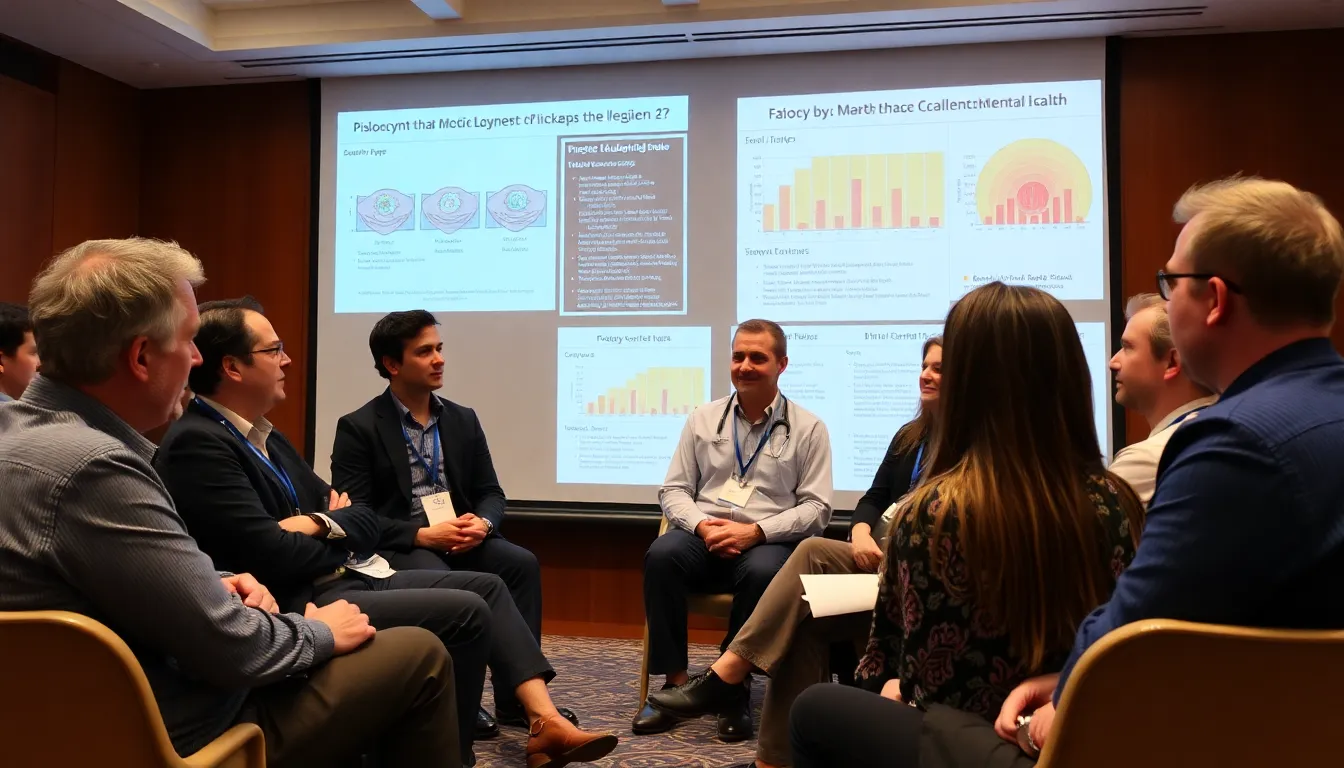 A diverse gathering of stakeholders, including researchers and mental health advocates, collaborating to discuss the future of psilocybin treatments and the challenges they face in the regulatory landscape