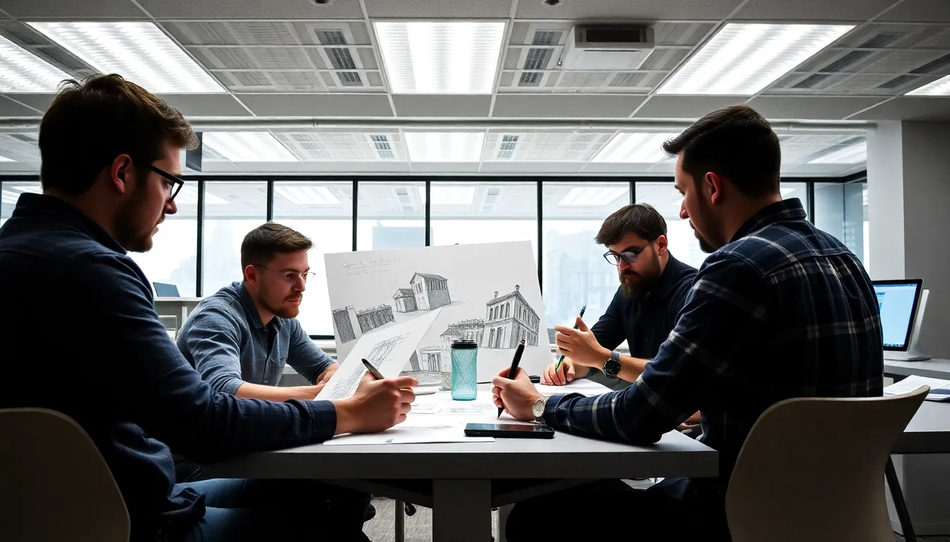 A group of game developers collaborates at a workspace, intently discussing their designs inspired by brutalist architecture for the Quake Brutalist Game Jam.