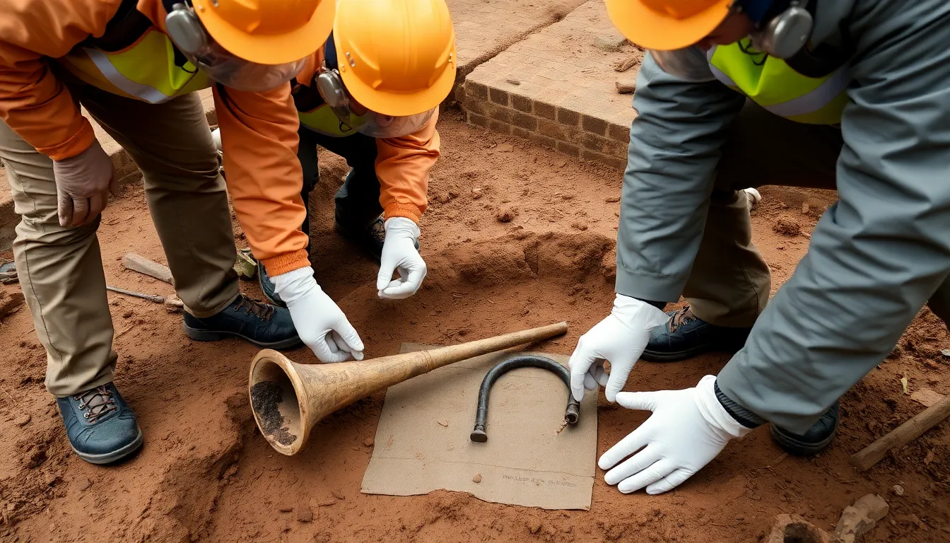 Archaeologists examine a recently unearthed Iron Age war trumpet and boar standard during an excavation in the United Kingdom, highlighting the significance of these artifacts in understanding ancient warfare and culture.