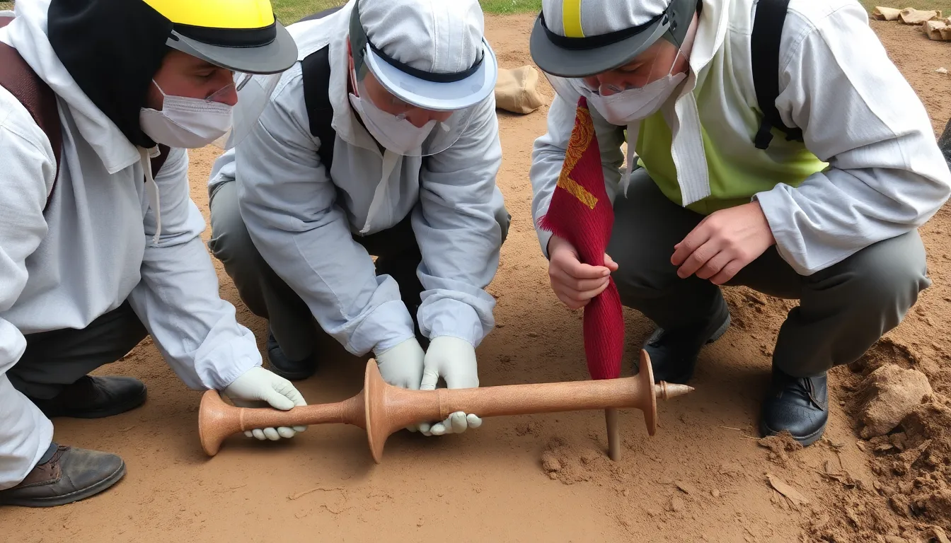 Archaeologists examining the artifacts in a field setting, highlighting the collaborative effort to uncover insights into Iron Age societal structures
