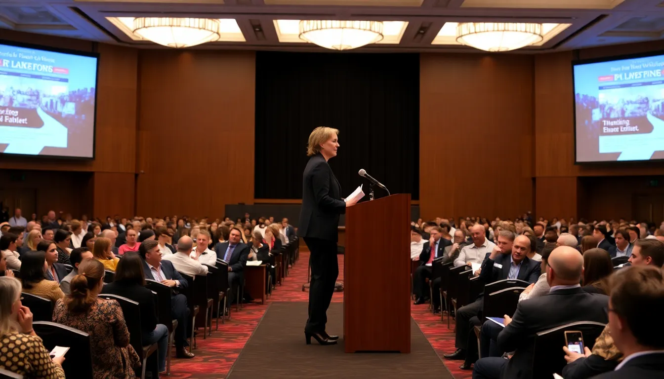 Red Rose Burton stands confidently at a podium, addressing an audience as she is introduced as the new leader of the PWR players board.