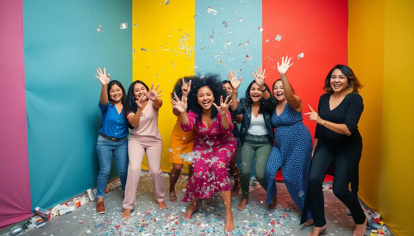A group of women enthusiastically shatters glass objects in a brightly colored rage room, showcasing a newfound outlet for stress relief and emotional expression.