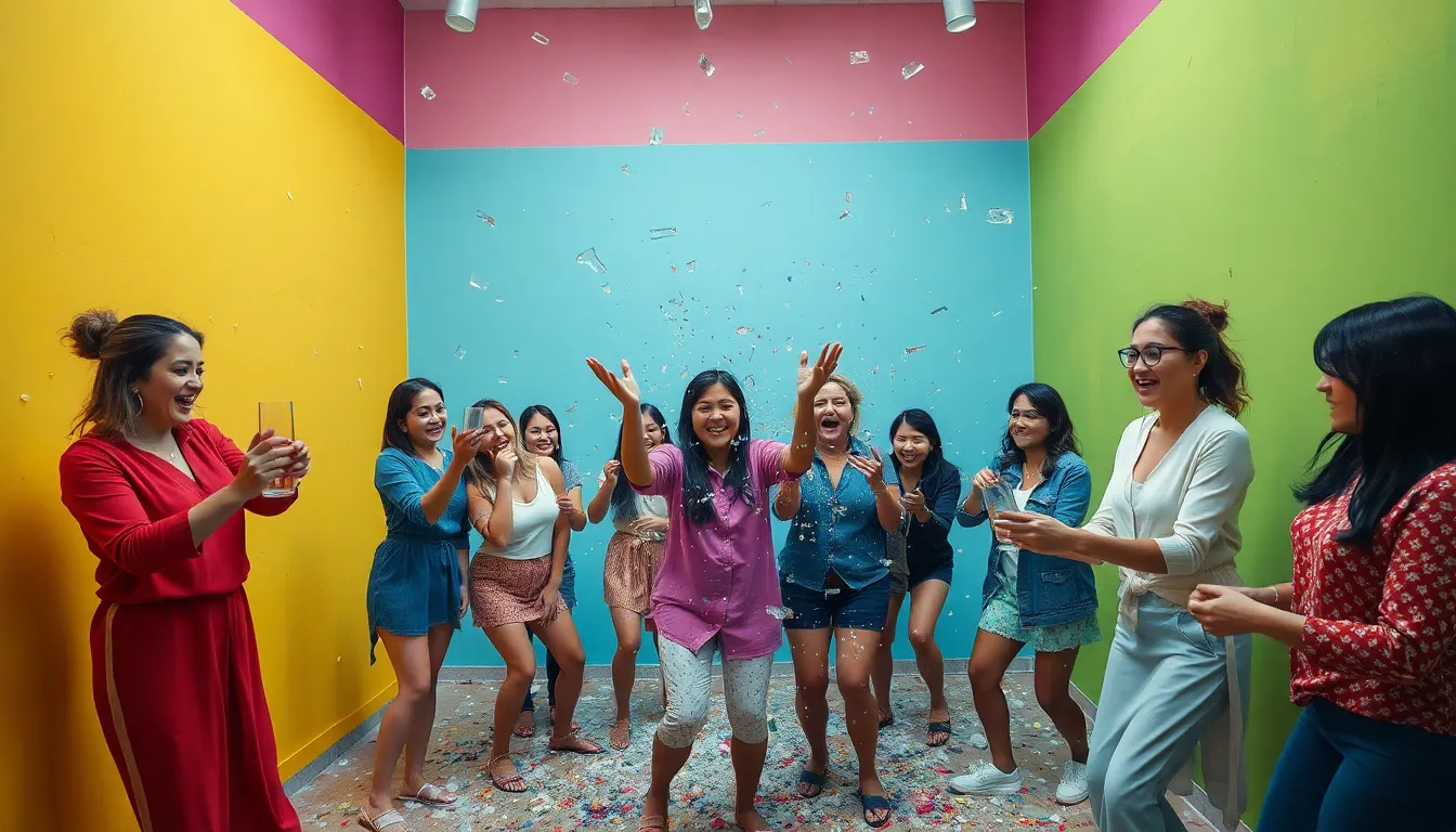 A vibrant rage room filled with shattered glass and colorful debris, reflecting the cathartic experiences women share in this unique space