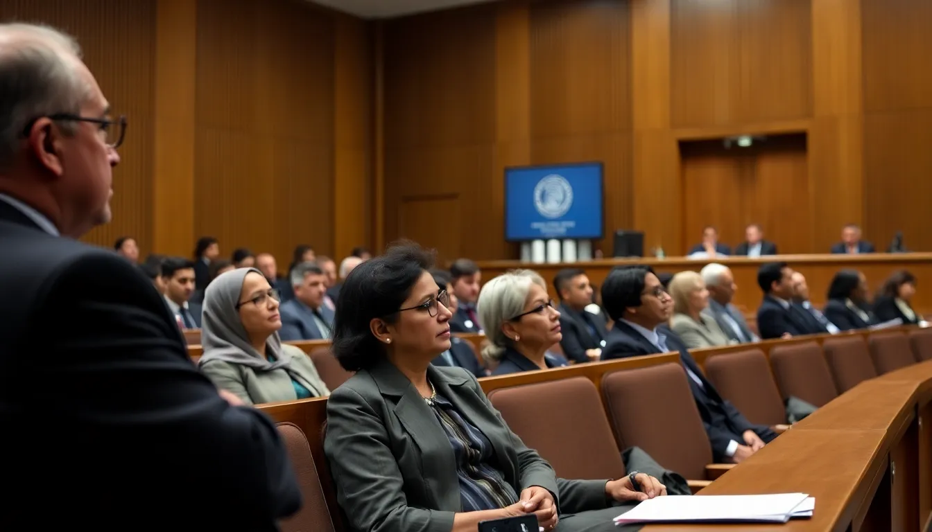 A group of legal representatives and observers gather in the International Court of Justice as hearings commence for the landmark genocide case against Myanmar regarding the Rohingya people.