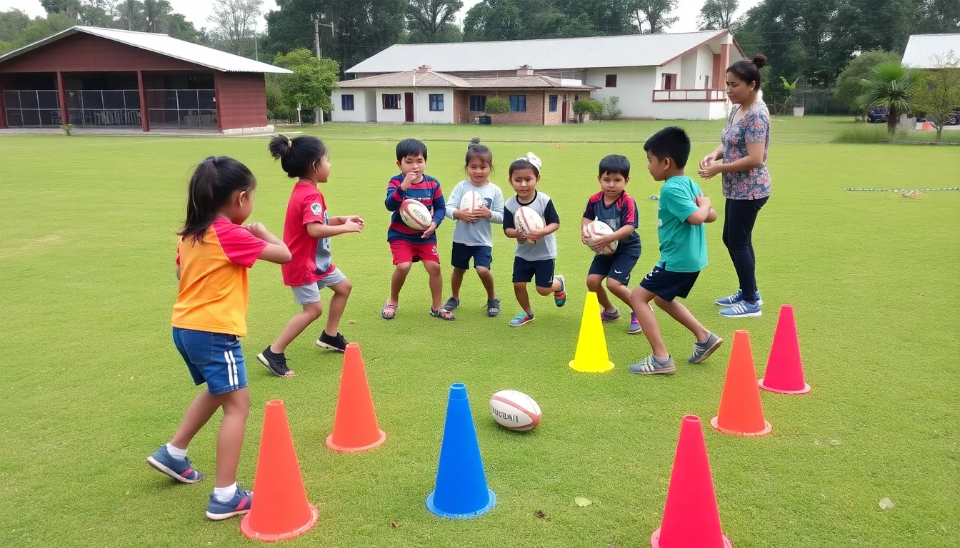 A group of children enthusiastically participates in a rugby training session organized by a local mum, with cones and rugby balls scattered across the field.