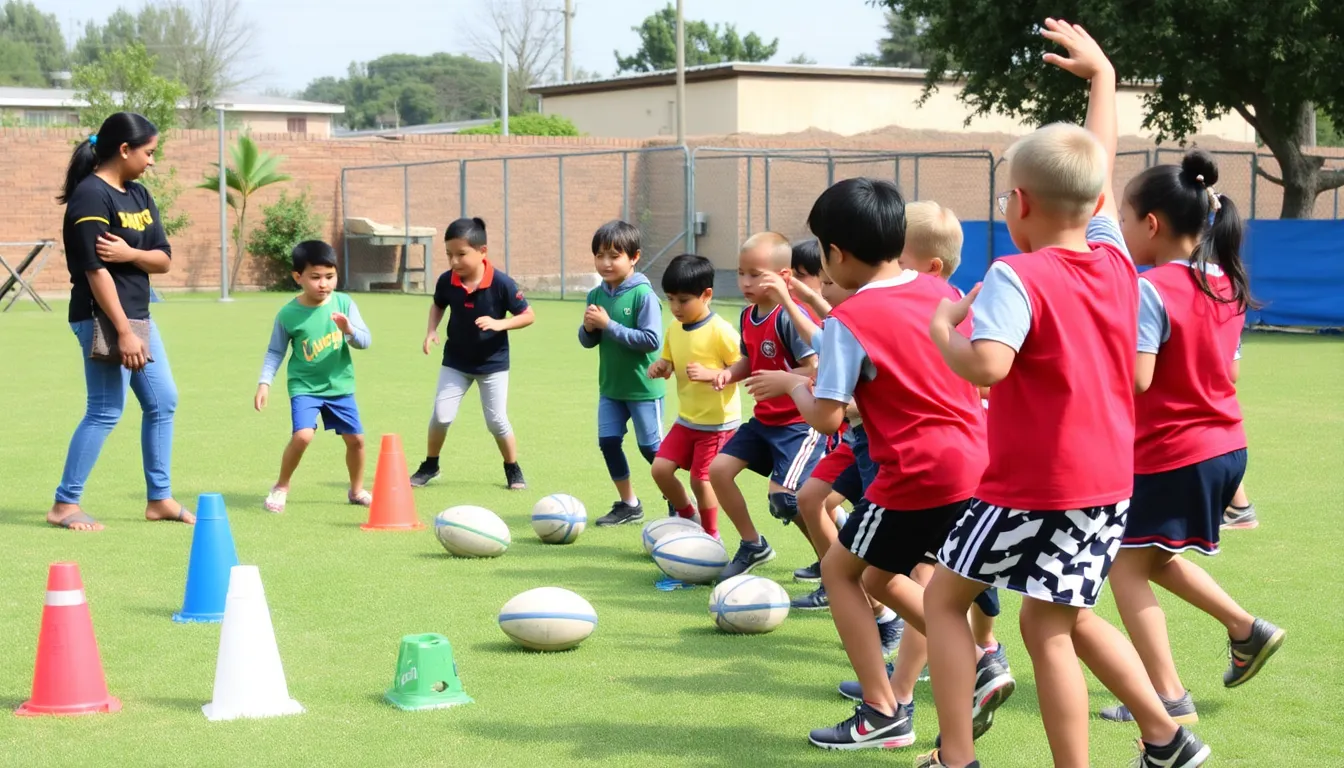 A group of young children joyfully participating in a rugby practice, demonstrating teamwork and excitement for the sport's benefits