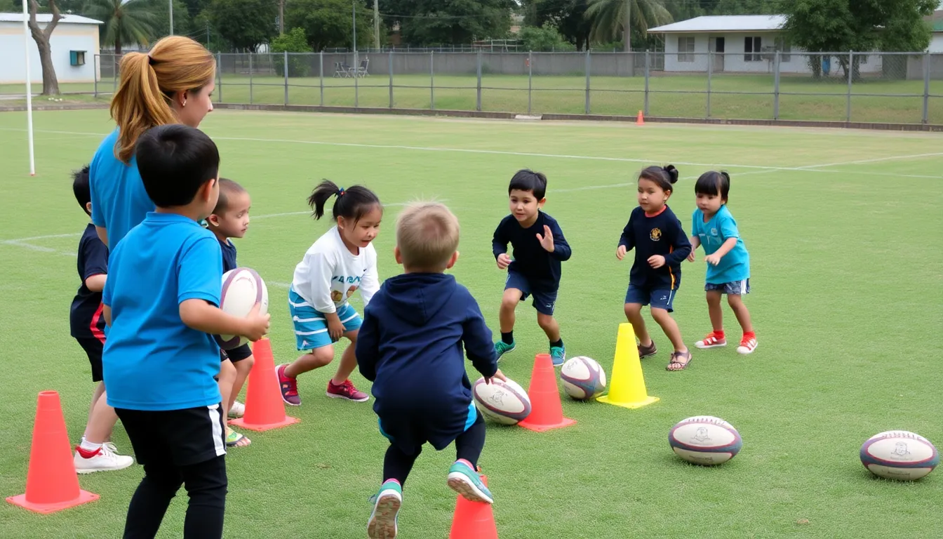 Parents and local coaches collaborating to promote rugby in schools, highlighting the importance of community involvement in youth sports