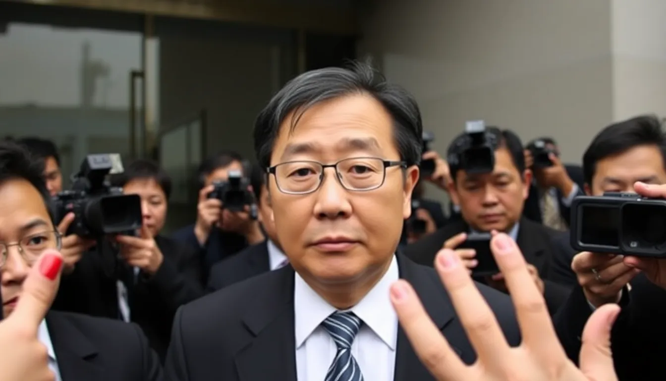Former South Korean President Yoon Seokyoul is seen leaving the courthouse surrounded by reporters after being sentenced to five years in prison for his attempts to impose martial law during protests in 2022.