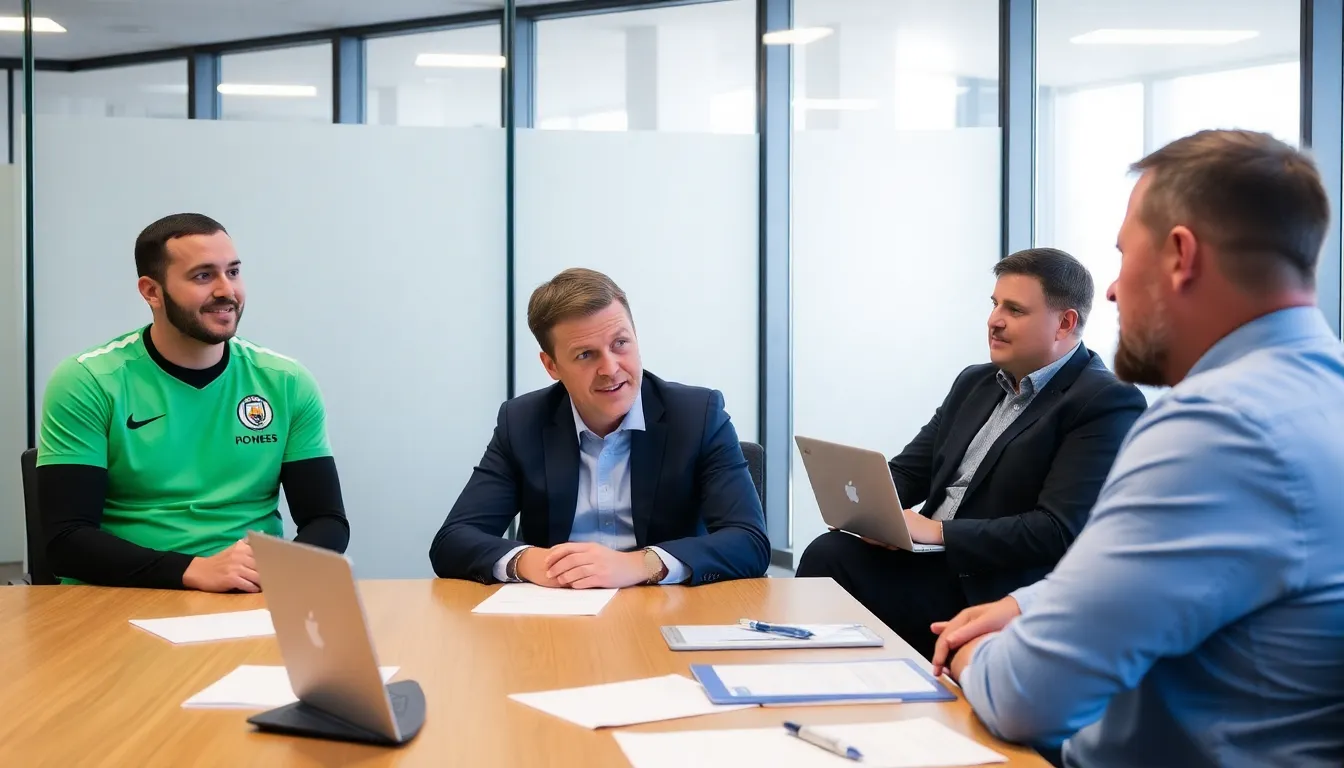 Sam Coffey is seen engaging in discussions with Manchester City representatives, highlighting her potential transfer from the Portland Thorns.