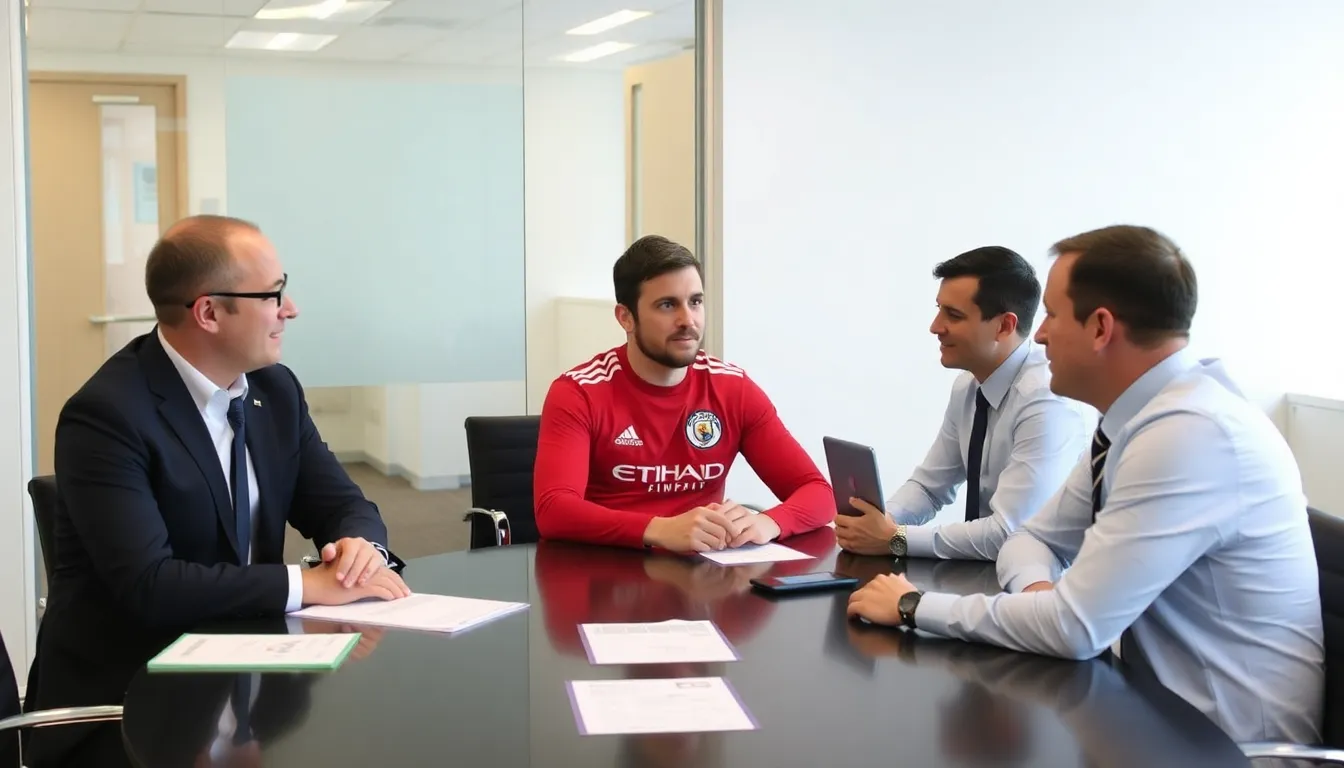 Manchester City players strategizing on the field, emphasizing the club's commitment to enhancing their roster with top talent like Sam Coffey