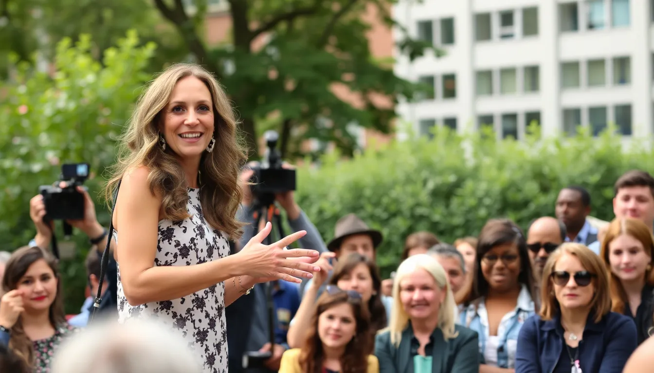 Sarah Jessica Parker speaks to a crowd during a press event, sharing her excitement about upcoming film projects and reflecting on the legacy of Diane Keaton.