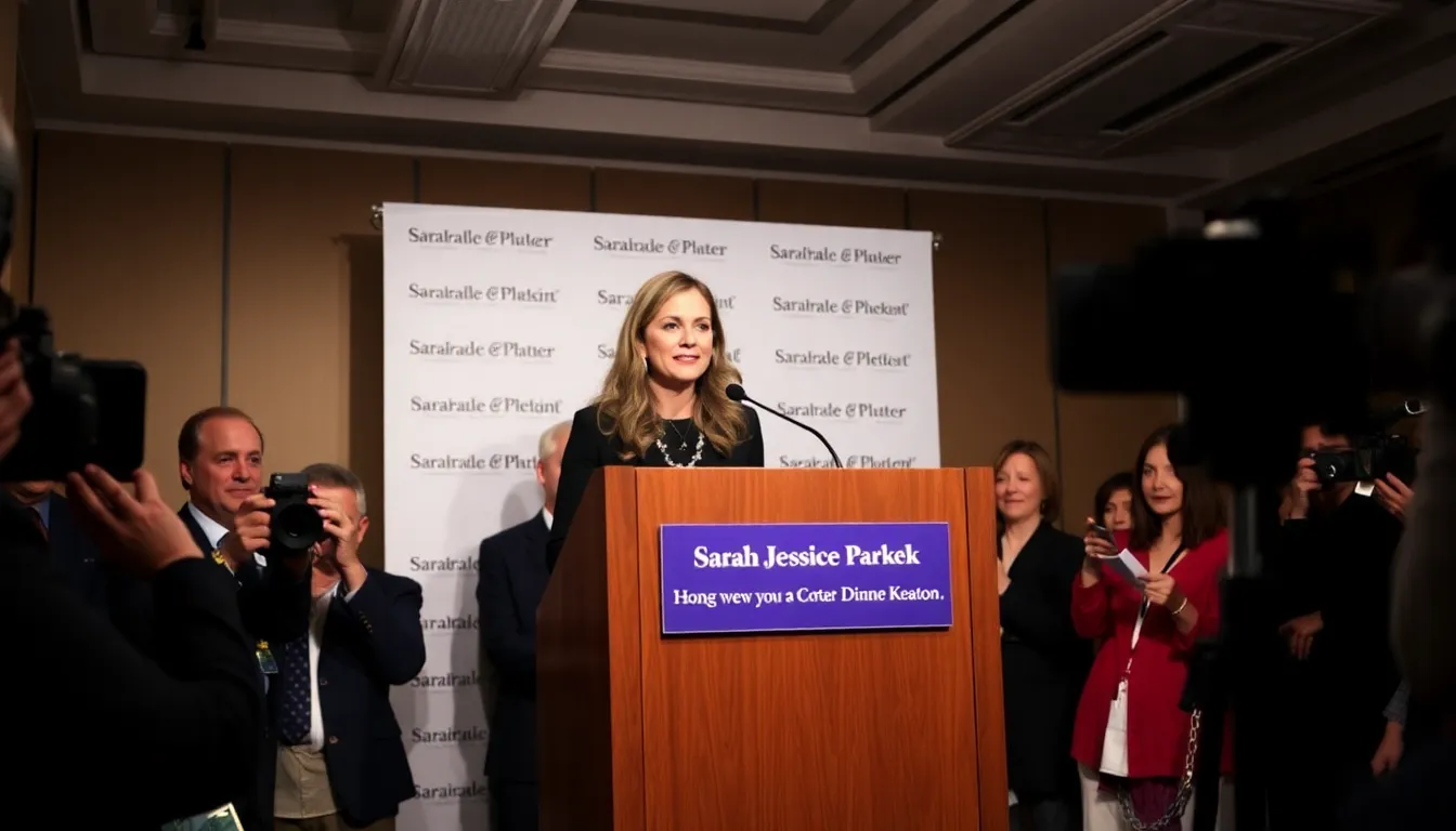Sarah Jessica Parker speaks to reporters at a press event, sharing her excitement about future projects while reflecting on the legacy of her late costar Diane Keaton.