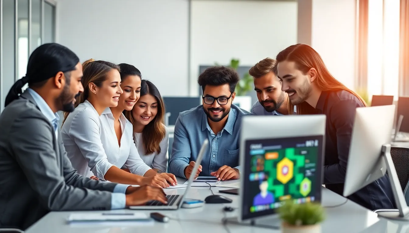 A group of professionals in a modern office setting engages with gamified productivity tools displayed on their computer screens, reflecting the increasing integration of game elements in workplace environments.