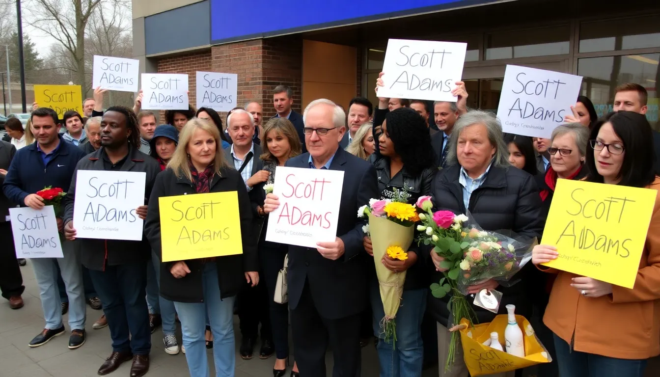 A crowd gathers outside a news station to pay tribute to Scott Adams, holding signs and flowers in remembrance of the influential comic creator.