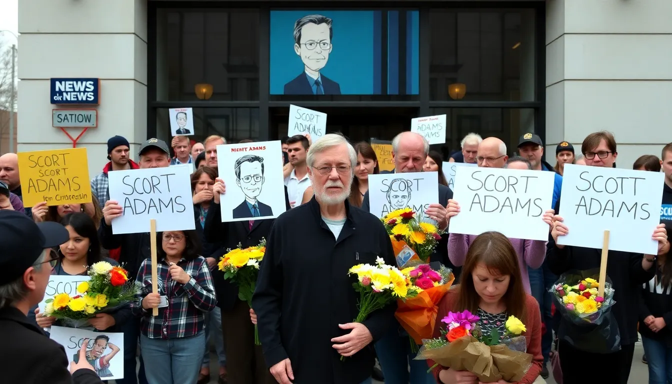 A gathering of fans and critics engaged in discussions about Scott Adams' legacy, highlighting the polarized opinions surrounding his controversial views