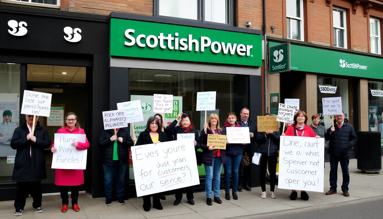 A group of frustrated customers stands outside a ScottishPower office, holding signs that express their dissatisfaction with the company's customer service.