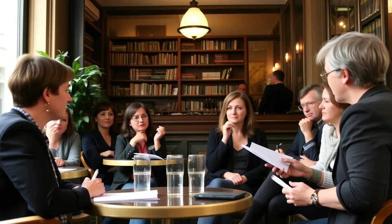 Claire Dupont passionately discusses the latest episode of her podcast "Secrets of the Republic" during a live event in a Parisian café, surrounded by an engaged audience eager to hear her insights on French politics.
