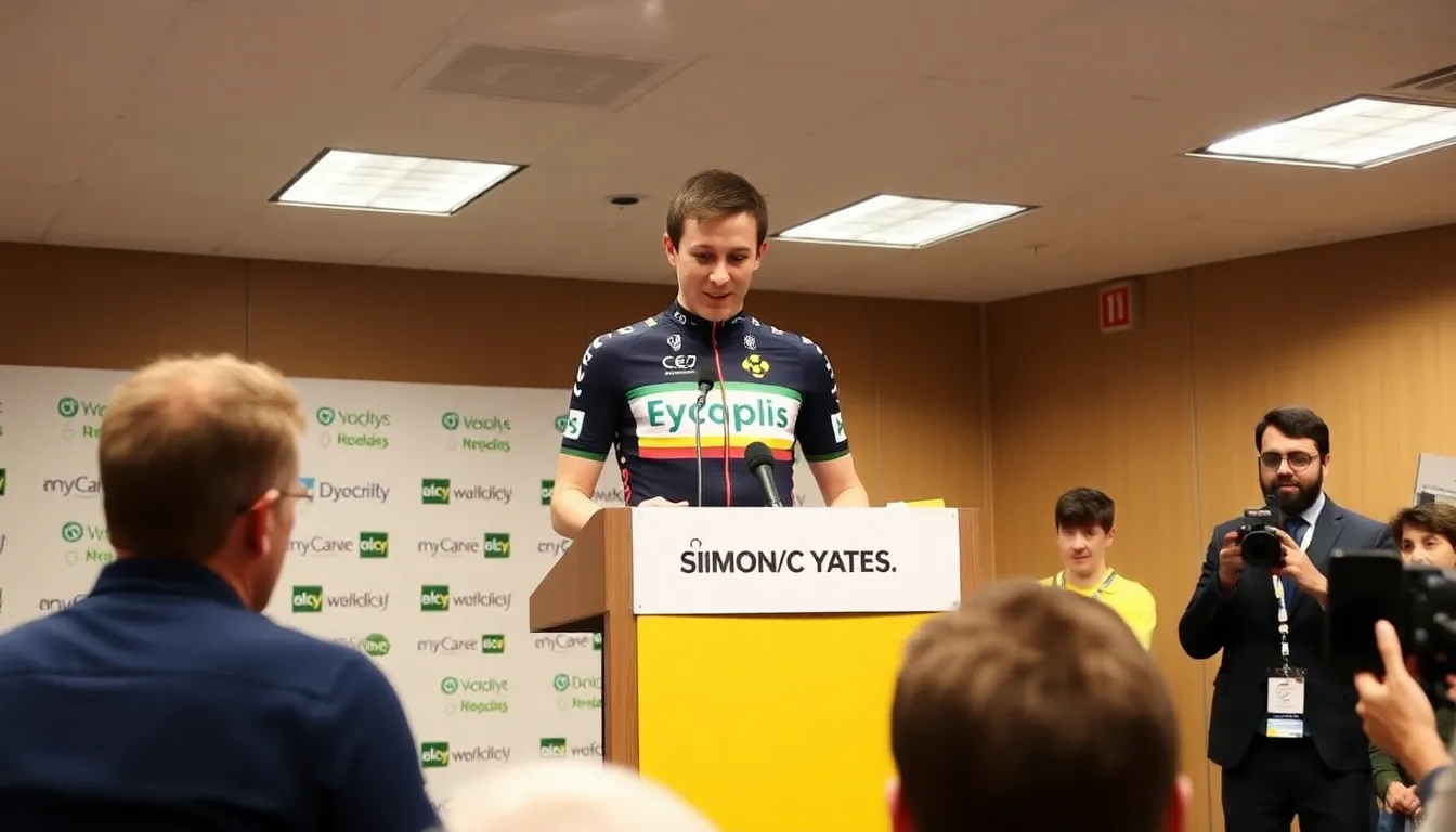 Simon Yates reflecting peacefully during a press conference, announcing his retirement and expressing gratitude for his journey in professional cycling