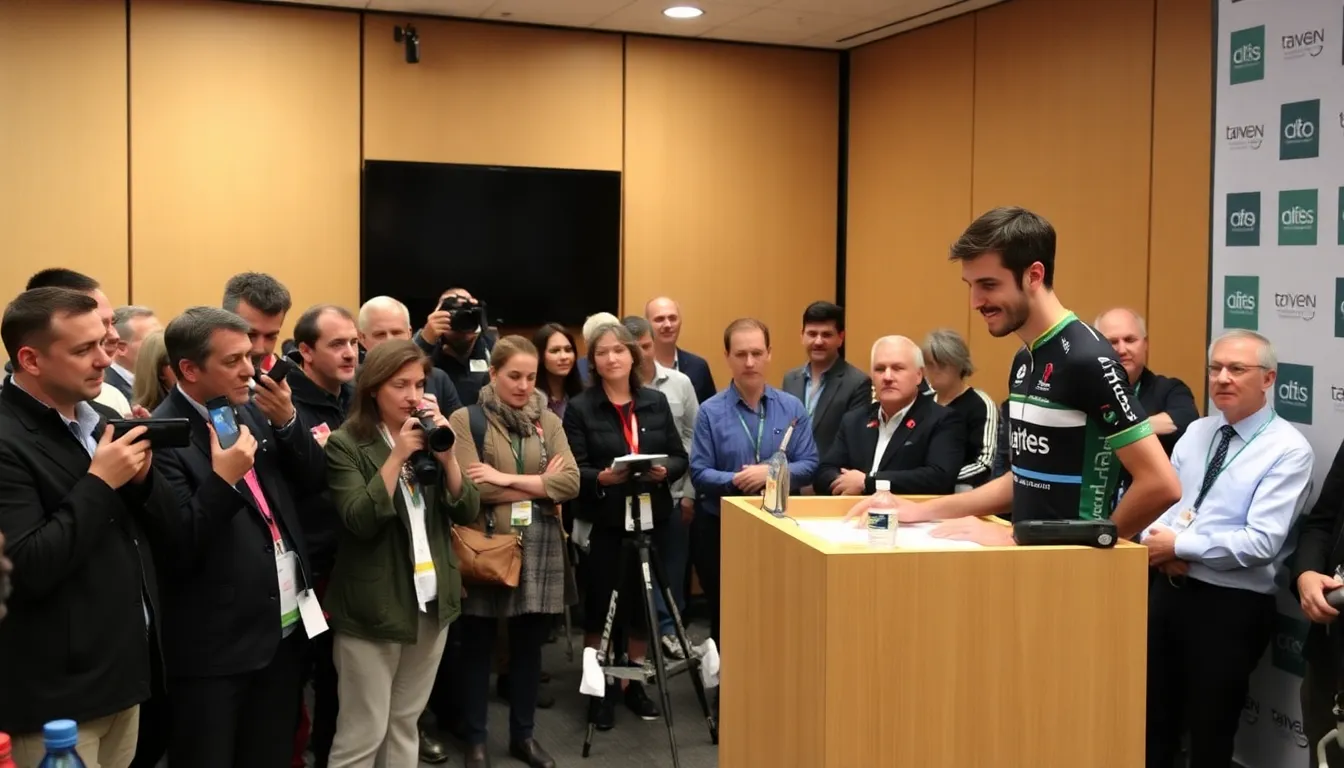 Simon Yates stands at a podium, visibly emotional as he announces his retirement from professional cycling, surrounded by reporters and fans who listen intently.