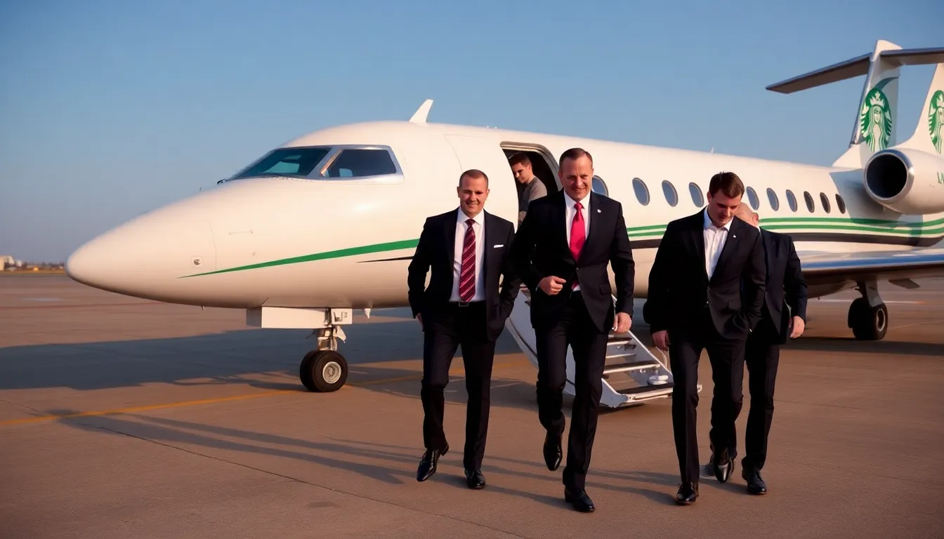 Executives at Starbucks are seen boarding a corporate jet at an airport, reflecting the company's recent decision to remove the cap on executive jet usage.