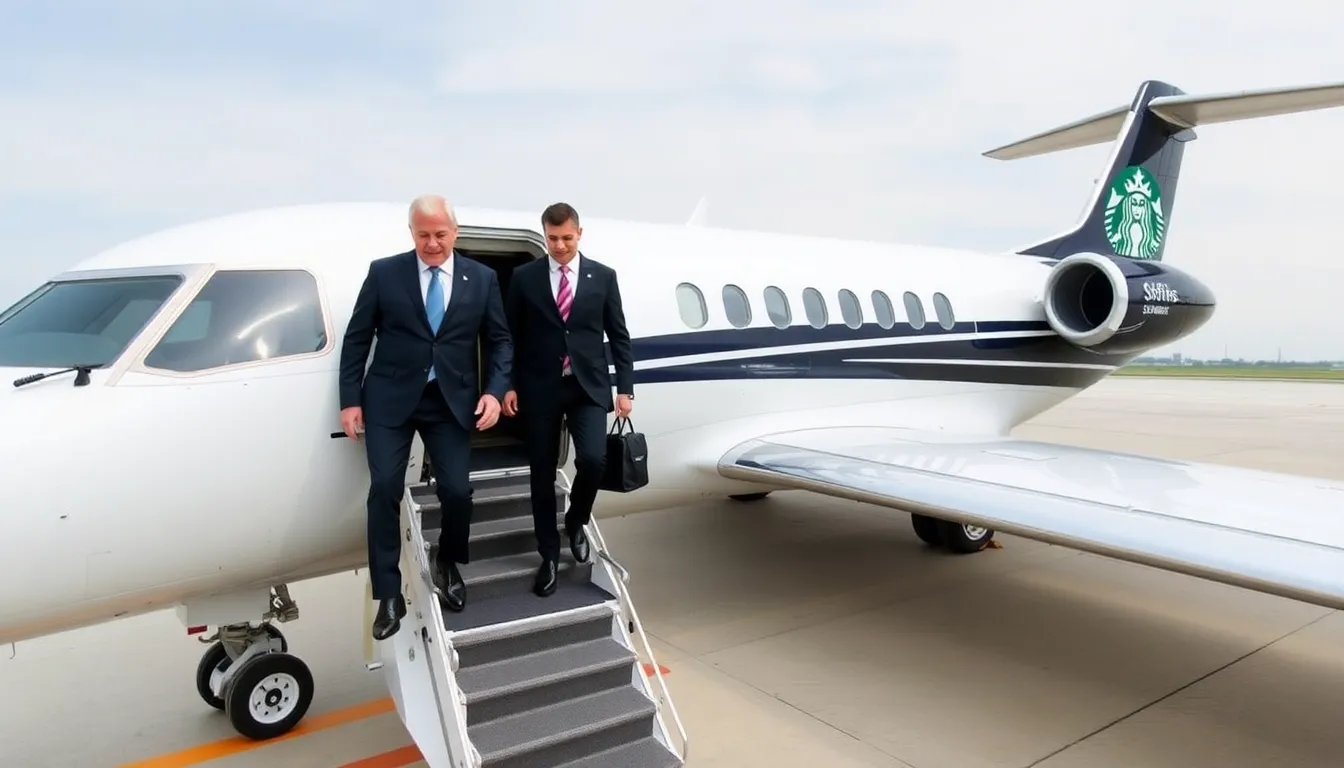A closeup of a corporate jet parked on the tarmac, symbolizing the luxury travel options now available to Starbucks executives without restrictions
