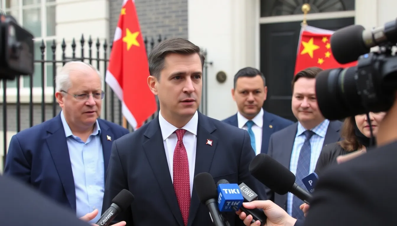 Keir Starmer is seen speaking to a small group of journalists outside a government building, with flags of the UK and China in the background.