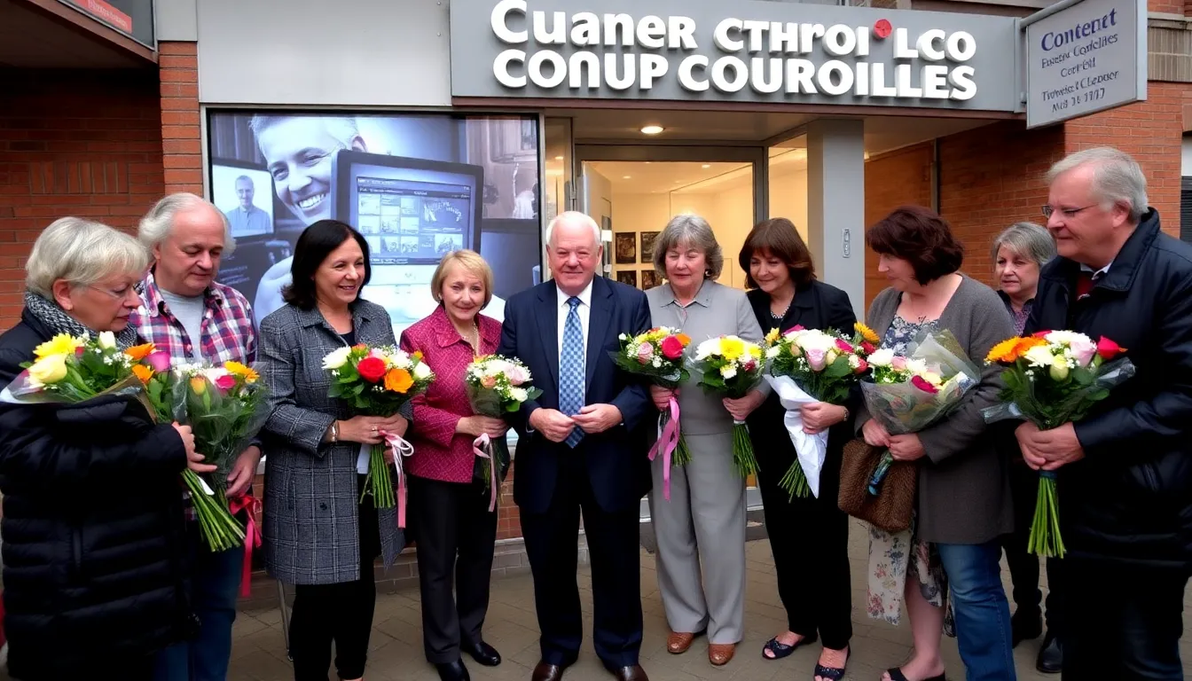 A group of mourners gathers outside a television studio, holding flowers and sharing memories in remembrance of Stewart Cheifet, the beloved host of 'Computer Chronicles.'