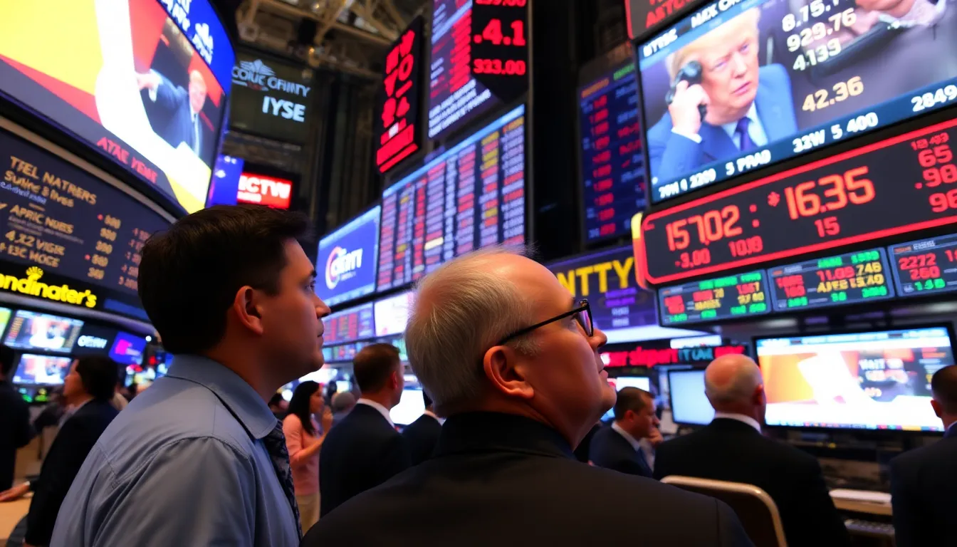 Traders monitor stock prices on large screens in a bustling financial district as markets react positively to news of Trump's tariff reversal.
