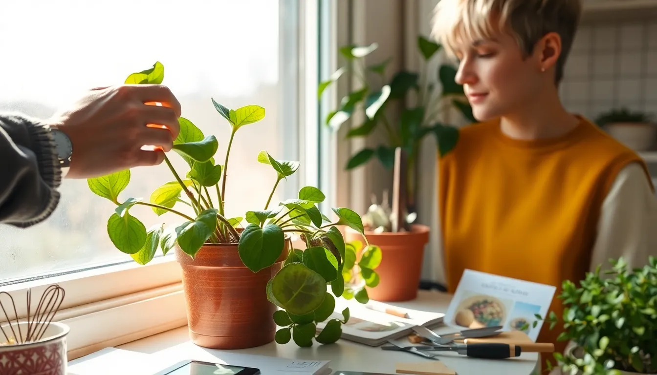 A person examines a wilting houseplant on a windowsill, surrounded by various gardening tools and care guides.