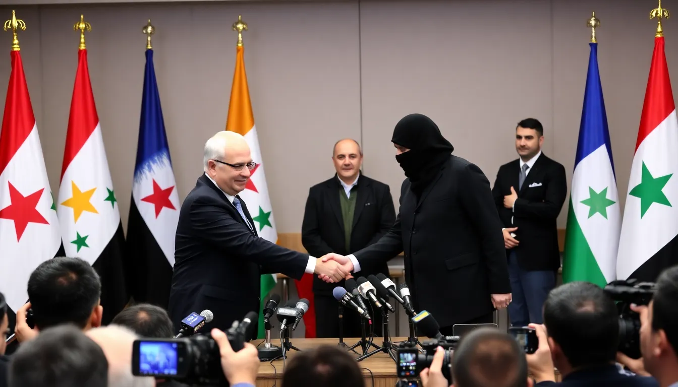 Syrian government officials and Kurdish leaders shake hands during a press conference announcing their agreement to merge military operations in northern Syria.