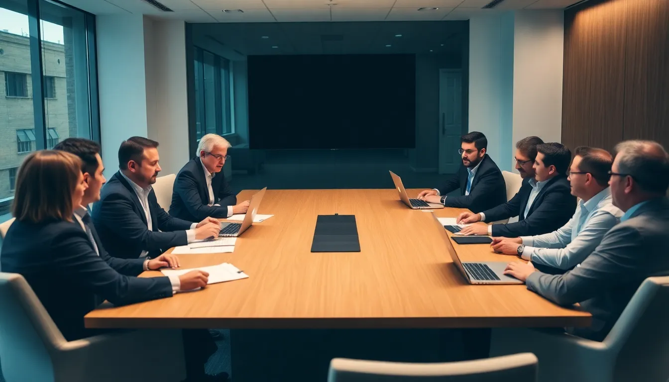 A group of tech executives gathers in a conference room, engaged in a heated discussion about the implications of California's proposed billionaire tax.