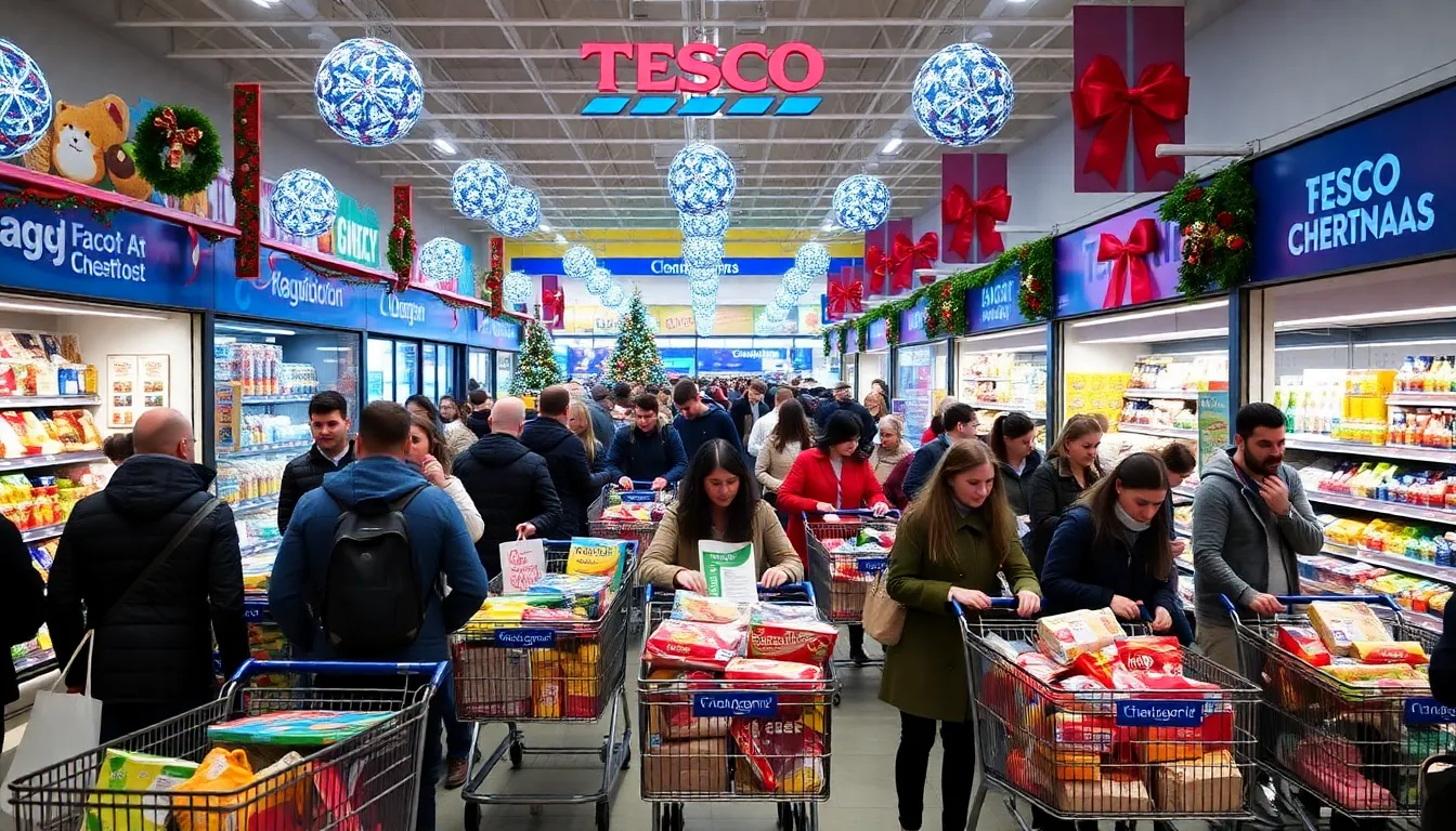 A bustling Tesco grocery store filled with customers selecting festive food items, highlighting the increased consumer interest during the Christmas season
