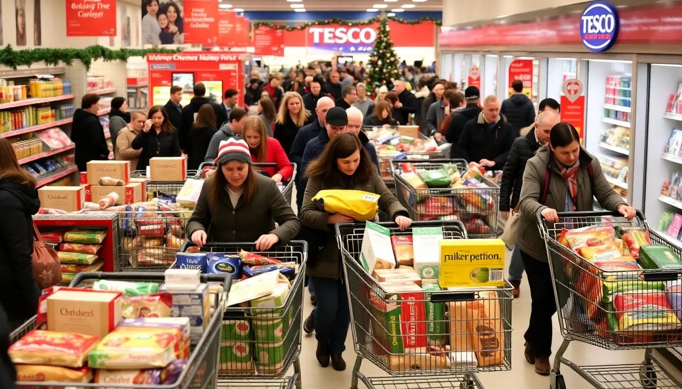Shoppers fill their carts with festive food items at a bustling Tesco store during the Christmas season.
