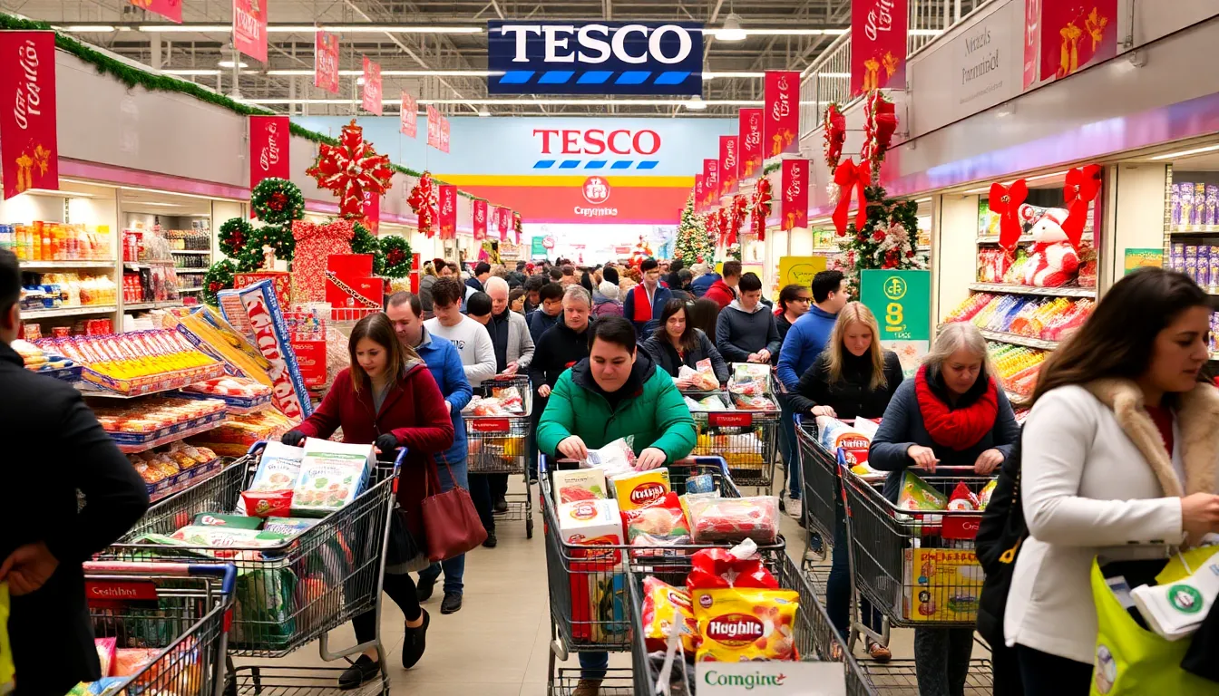 Families gathered around a festive table, enjoying a holiday meal prepared with quality food products from Tesco and M&S, reflecting the trend of home celebrations