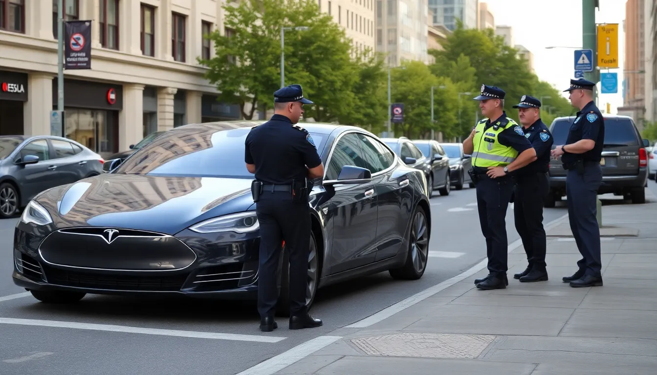 A Tesla vehicle is parked on a street as police officers discuss the company's recent fines for failing to assist in investigations of driving violations.