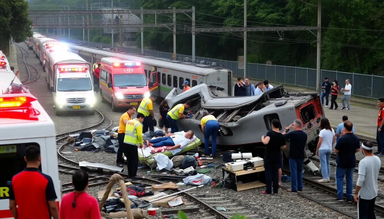 Emergency responders assist injured passengers at the scene of a devastating train collision in Thailand, where a passenger train collided with a freight train, resulting in 32 fatalities.
