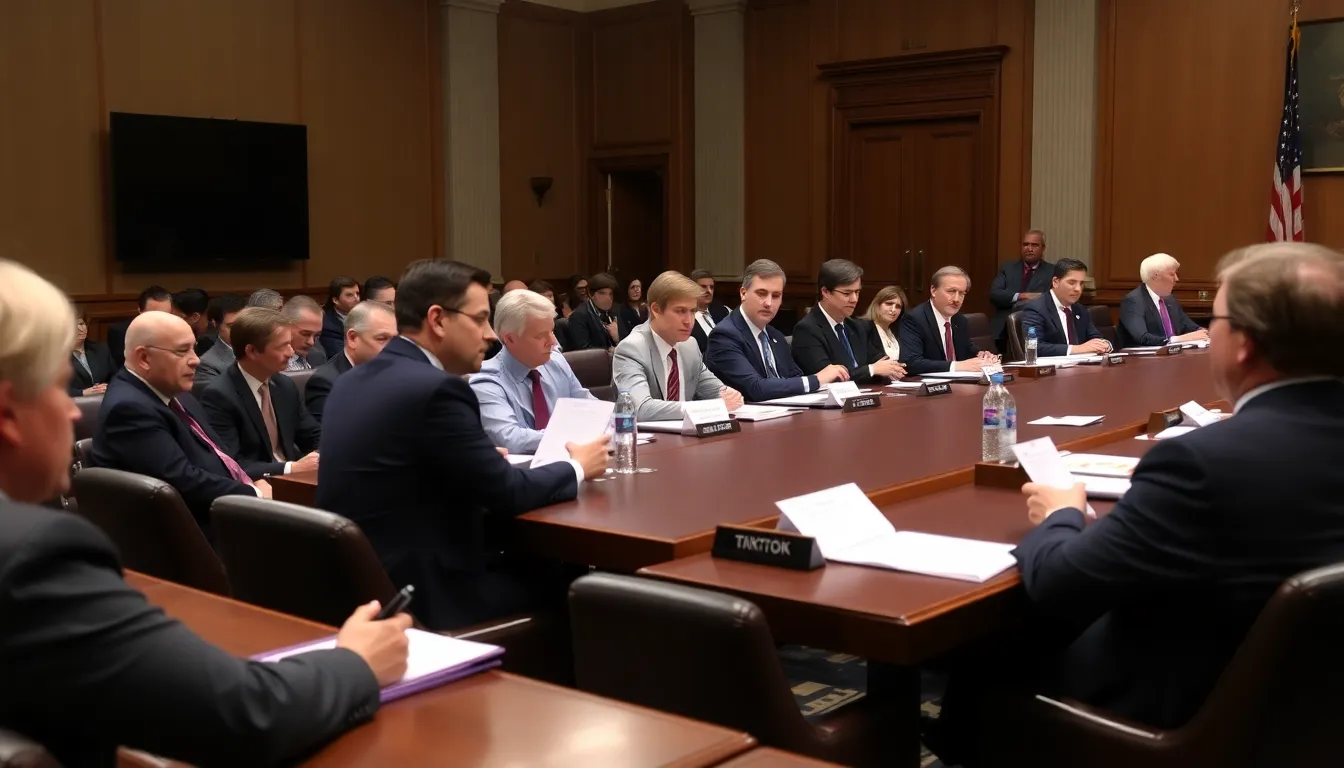 A group of U.S. lawmakers discusses TikTok's new entity during a congressional hearing, highlighting concerns over data privacy and national security.