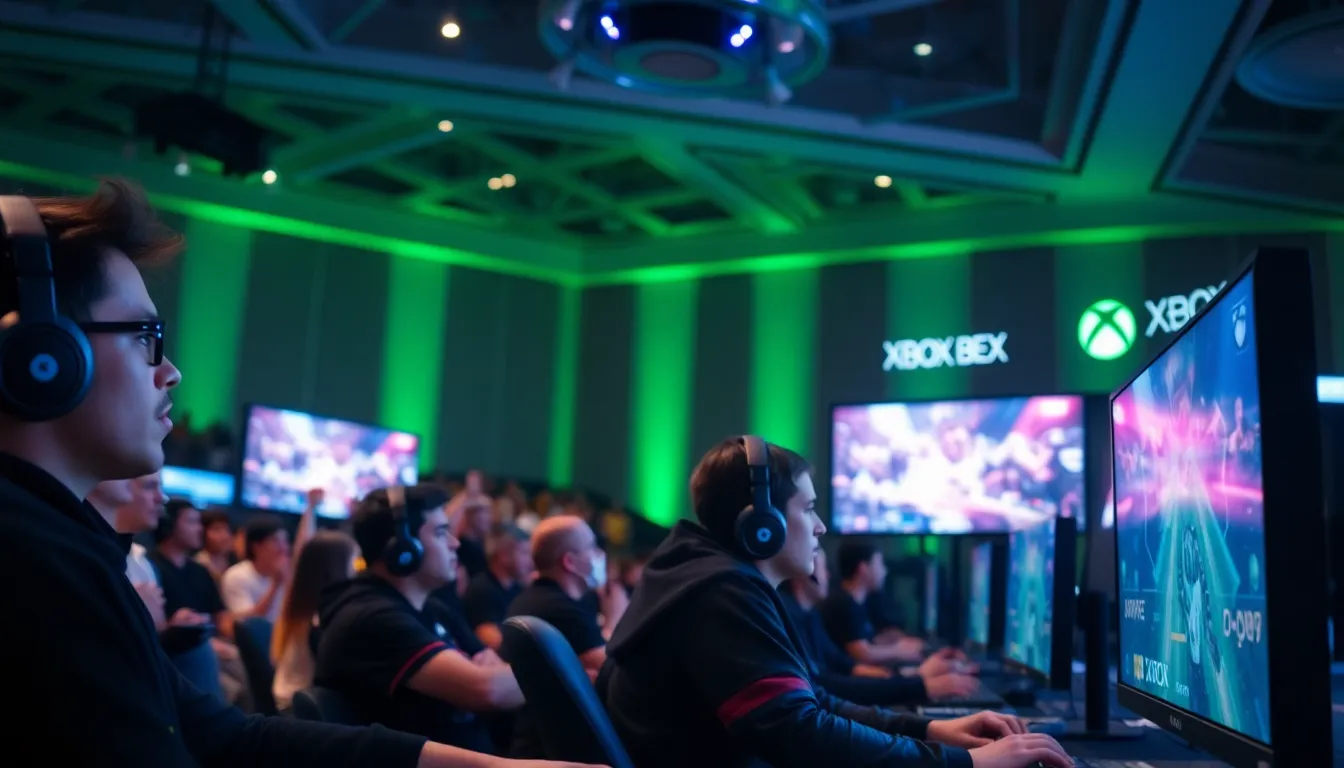 A group of gamers enthusiastically participates in an Xbox tournament, with colorful screens displaying intense gameplay and a cheering crowd in the background.